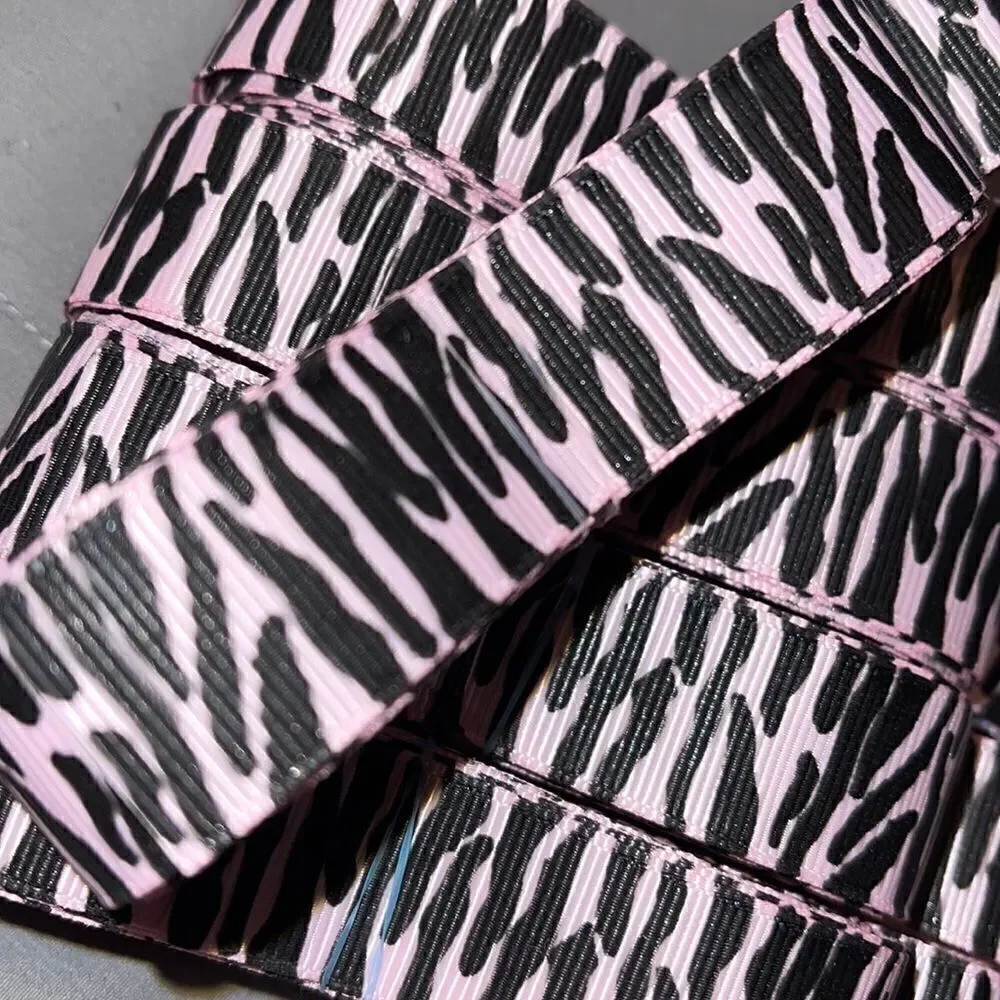 Grosgrain printed Ribbon 7/8” NEW 5 yards light baby pink black zebra stripe